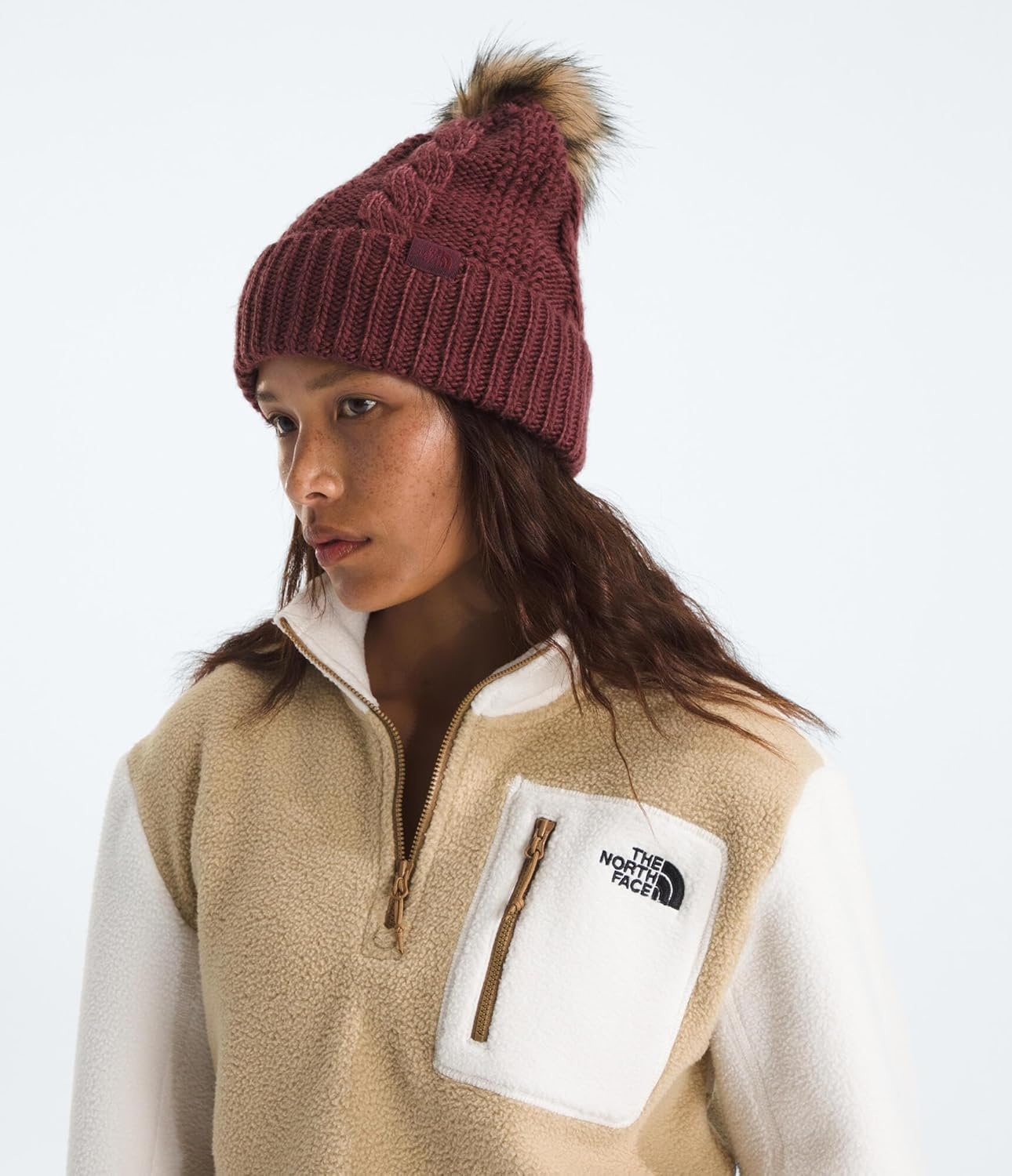 image:imageTHE NORTH FACE Womens Oh Mega Fur Pom Beanie Deep Fit Cuffed Winter Hat With Oversized Fauxfur Pom amp Cable DetailingSumac
