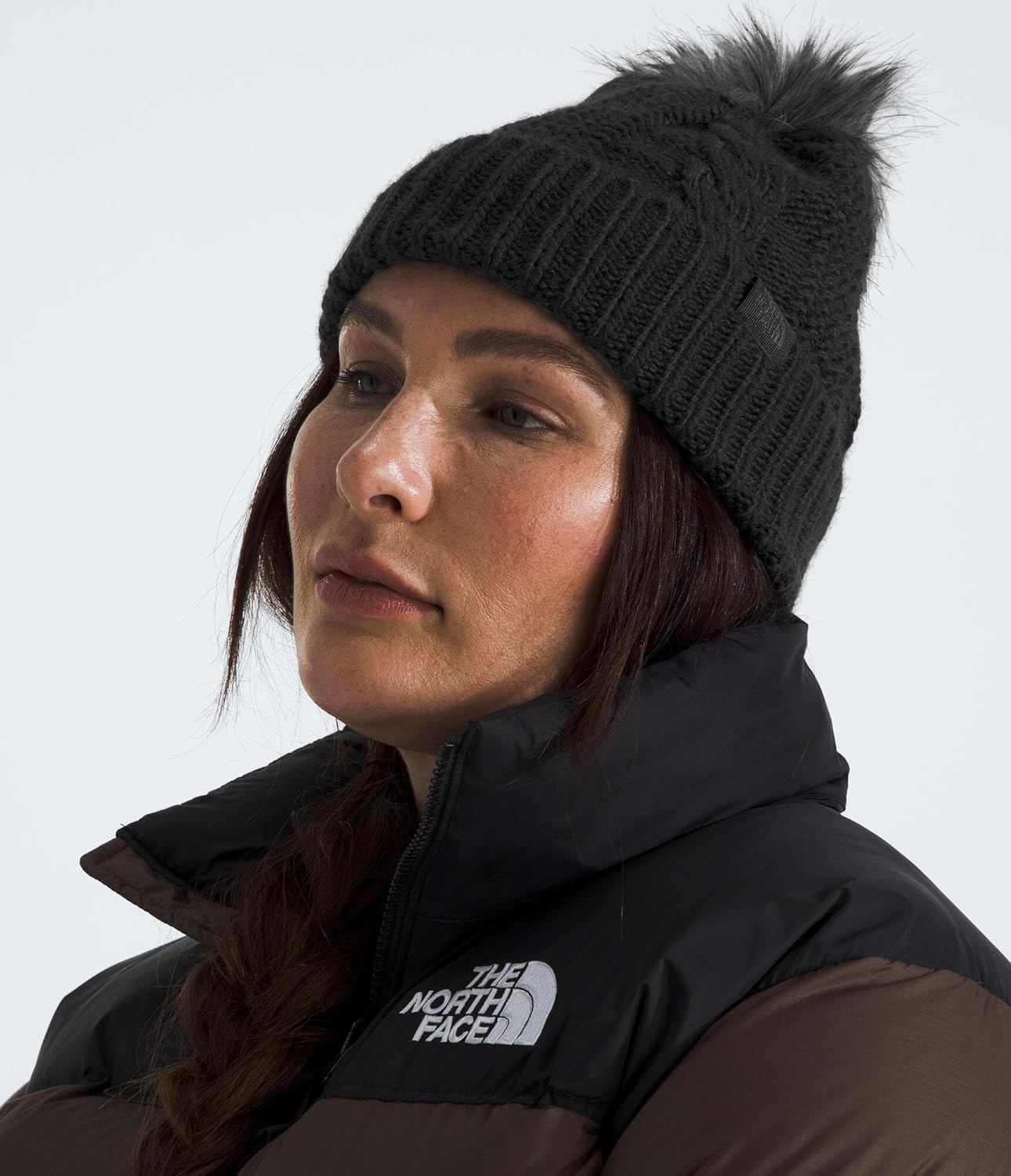 image:imageTHE NORTH FACE Womens Oh Mega Fur Pom Beanie Deep Fit Cuffed Winter Hat With Oversized Fauxfur Pom amp Cable DetailingTnf Black