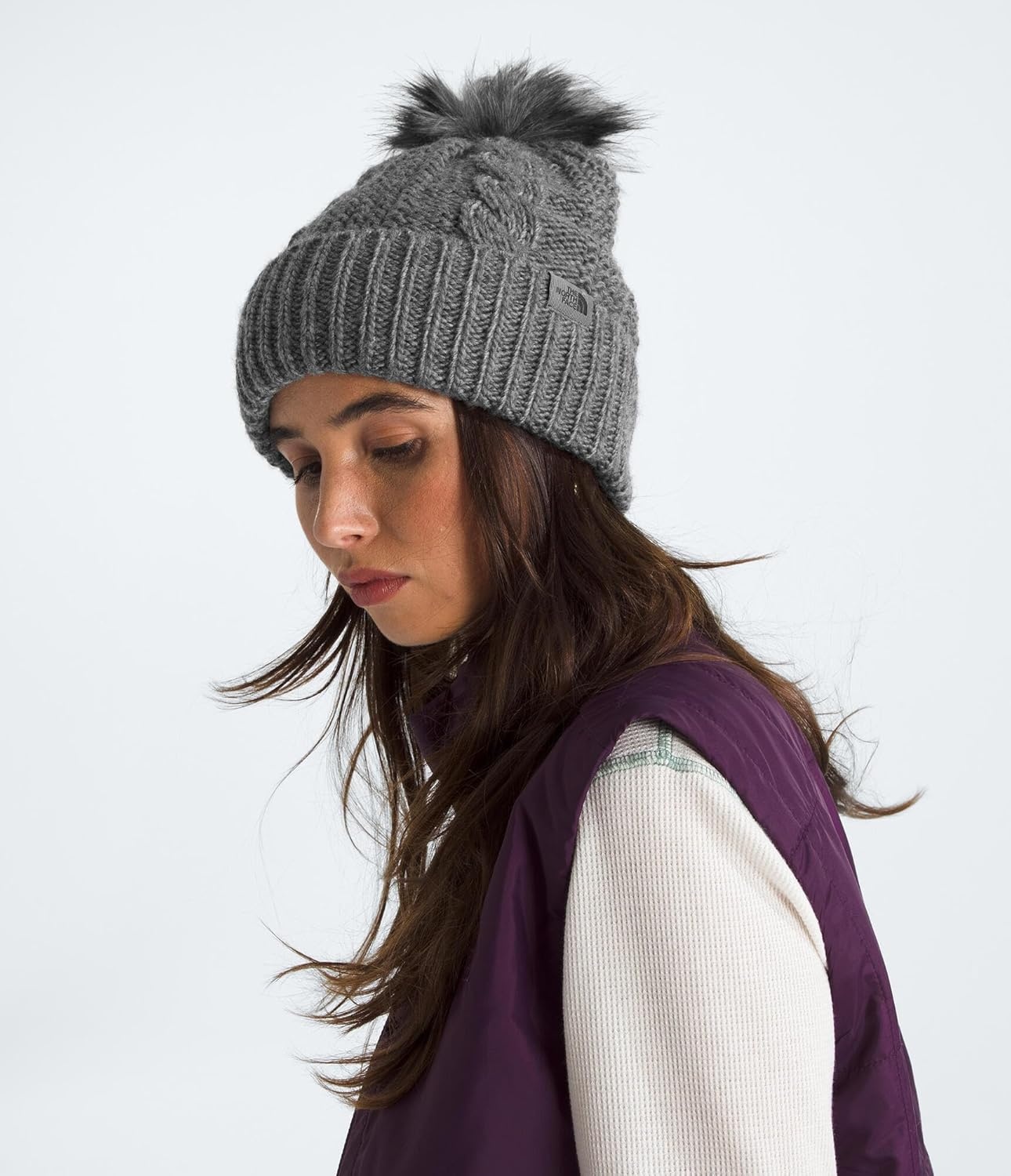 image:imageTHE NORTH FACE Womens Oh Mega Fur Pom Beanie Deep Fit Cuffed Winter Hat With Oversized Fauxfur Pom amp Cable DetailingTnf Medium Grey Heather