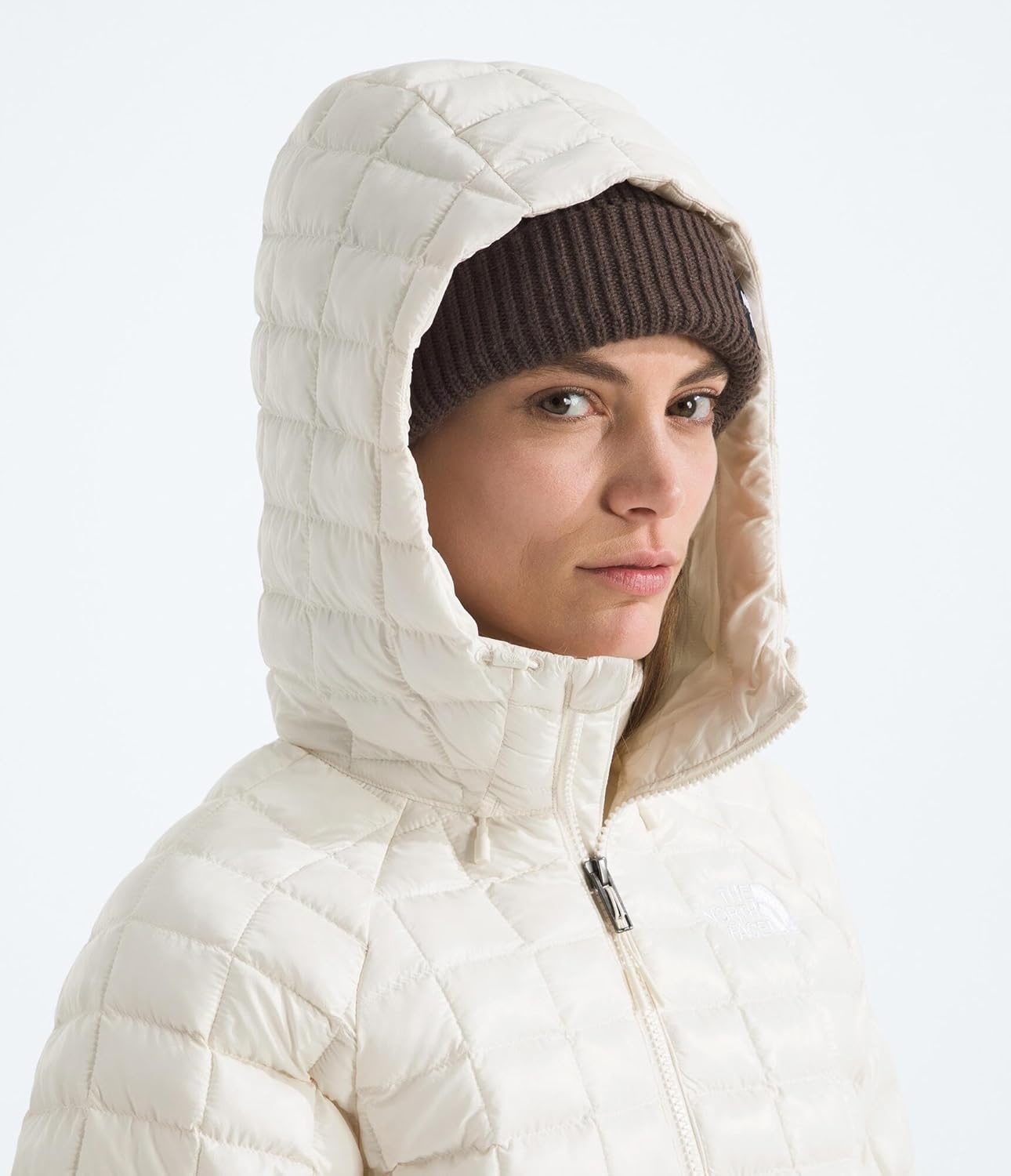 image:imageTHE NORTH FACE Womens Thermoball Hooded Jacket High Loft Insulation Wind amp Water Resistant Adjustable Hood amp Zip PocketsWhite Dune