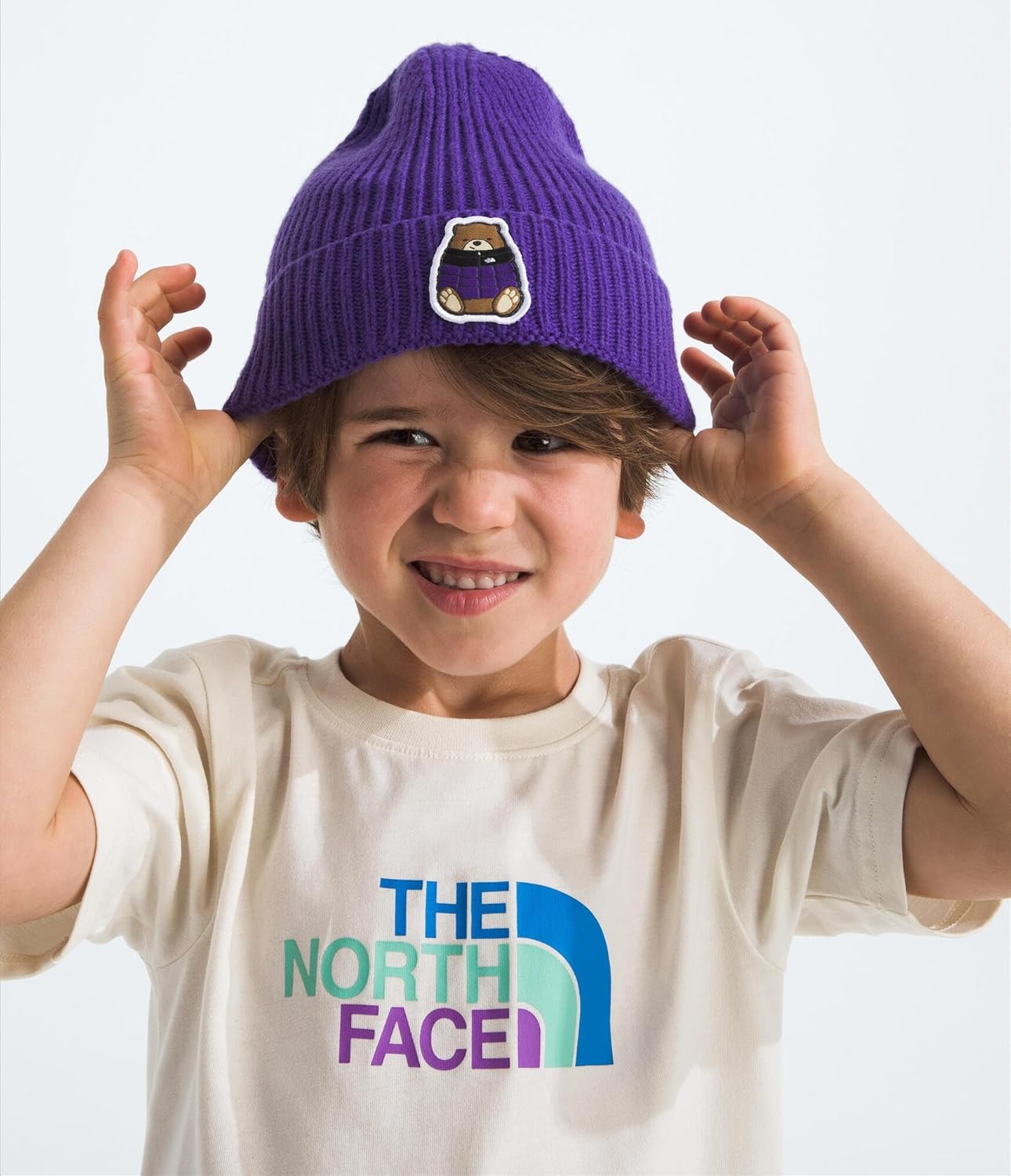image:imageThe North Face Kids TNF Logo Box Cuffed Beanie Classic Fit Winter Hat for Boys amp Girls Soft amp Stretchy Recycled YarnPeak PurpleNuptse Bear Patch