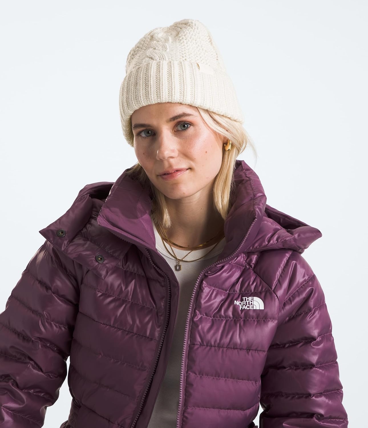 image:imageThe North Face Womens Oh Mega Beanie Classic Fit Winter Hat with Soft Cable Knit Texture Adjustable CuffWhite Dune
