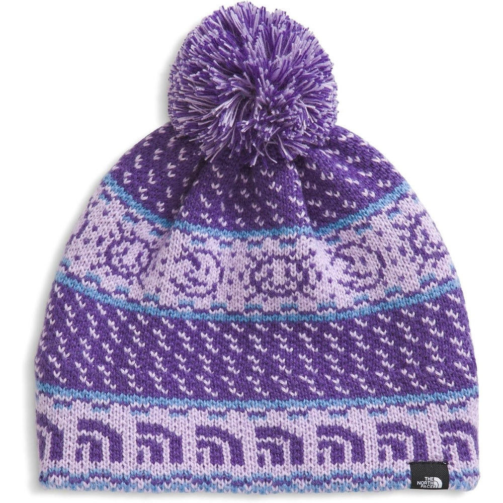 image:imageTHE NORTH FACE Kids Cabin Ski Tuke Winter Hat With Novelty Jacquard Graphic Sustainable Fabric Removable PomLite Lilac Jacquard