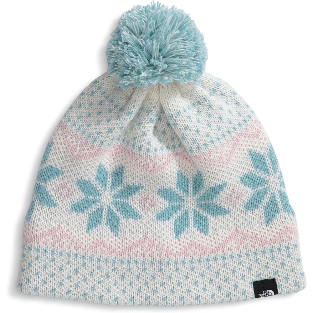 image:imageTHE NORTH FACE Kids Cabin Ski Tuke Winter Hat With Novelty Jacquard Graphic Sustainable Fabric Removable PomWhite Dune Jacquard