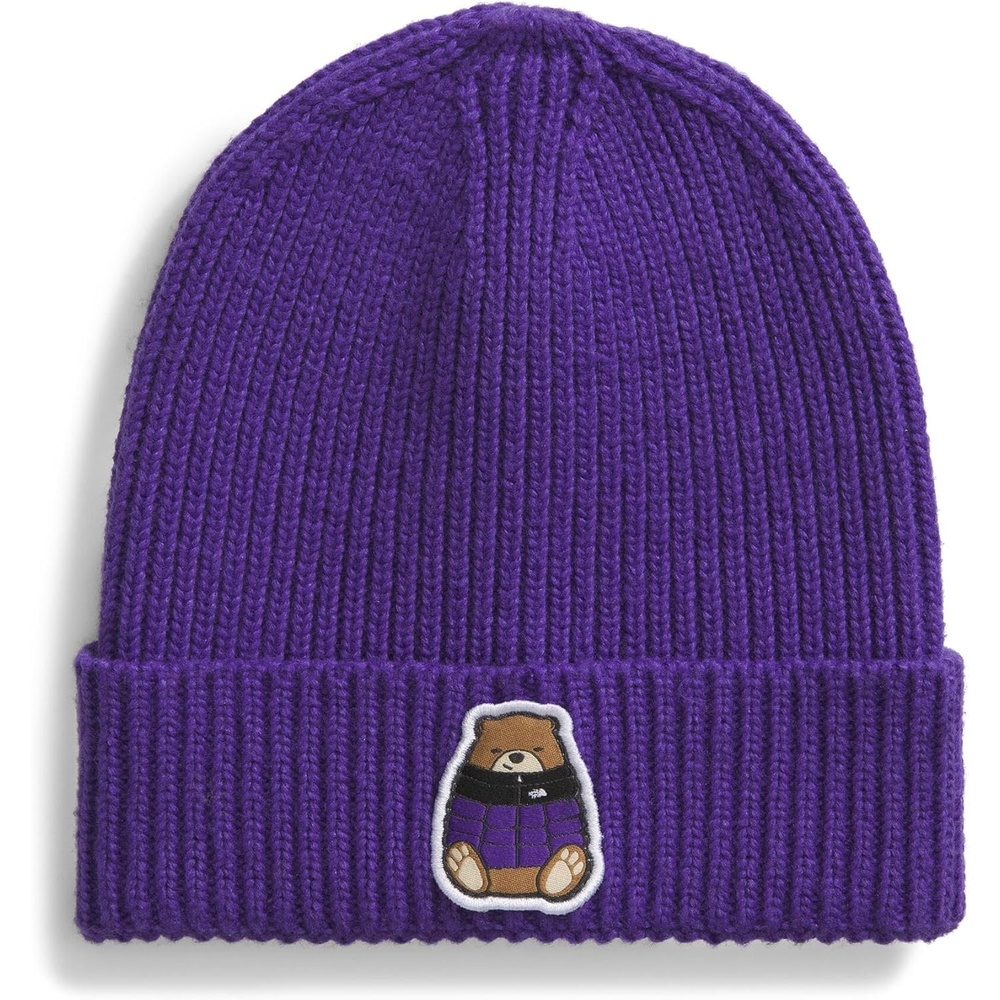 image:imageThe North Face Kids TNF Logo Box Cuffed Beanie Classic Fit Winter Hat for Boys amp Girls Soft amp Stretchy Recycled YarnPeak PurpleNuptse Bear Patch