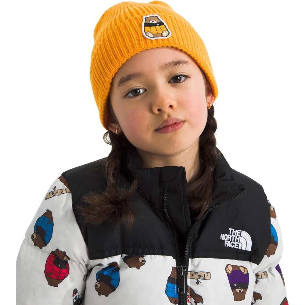 image:imageThe North Face Kids TNF Logo Box Cuffed Beanie Classic Fit Winter Hat for Boys amp Girls Soft amp Stretchy Recycled YarnSummit GoldNuptse Bear Patch