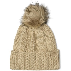 THE NORTH FACE Women’s Oh Mega Fur Pom Beanie | Deep Fit Cuffed Winter Hat With Oversized Faux-fur Pom & Cable Detailing(Khaki Stone)