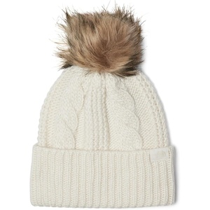 THE NORTH FACE Women’s Oh Mega Fur Pom Beanie | Deep Fit Cuffed Winter Hat With Oversized Faux-fur Pom & Cable Detailing(White Dune)