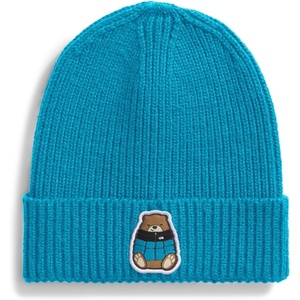 The North Face Kids’ TNF Logo Box Cuffed Beanie – Classic Fit Winter Hat for Boys & Girls, Soft & Stretchy Recycled Yarn(Meridian Blue/Nuptse Bear Patch)