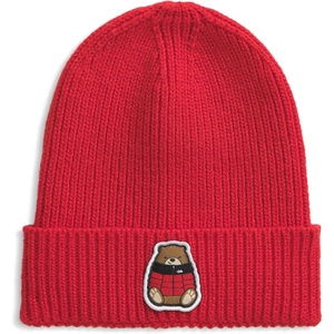 The North Face Kids’ TNF Logo Box Cuffed Beanie – Classic Fit Winter Hat for Boys & Girls, Soft & Stretchy Recycled Yarn(Tnf Red/Nuptse Bear Patch)