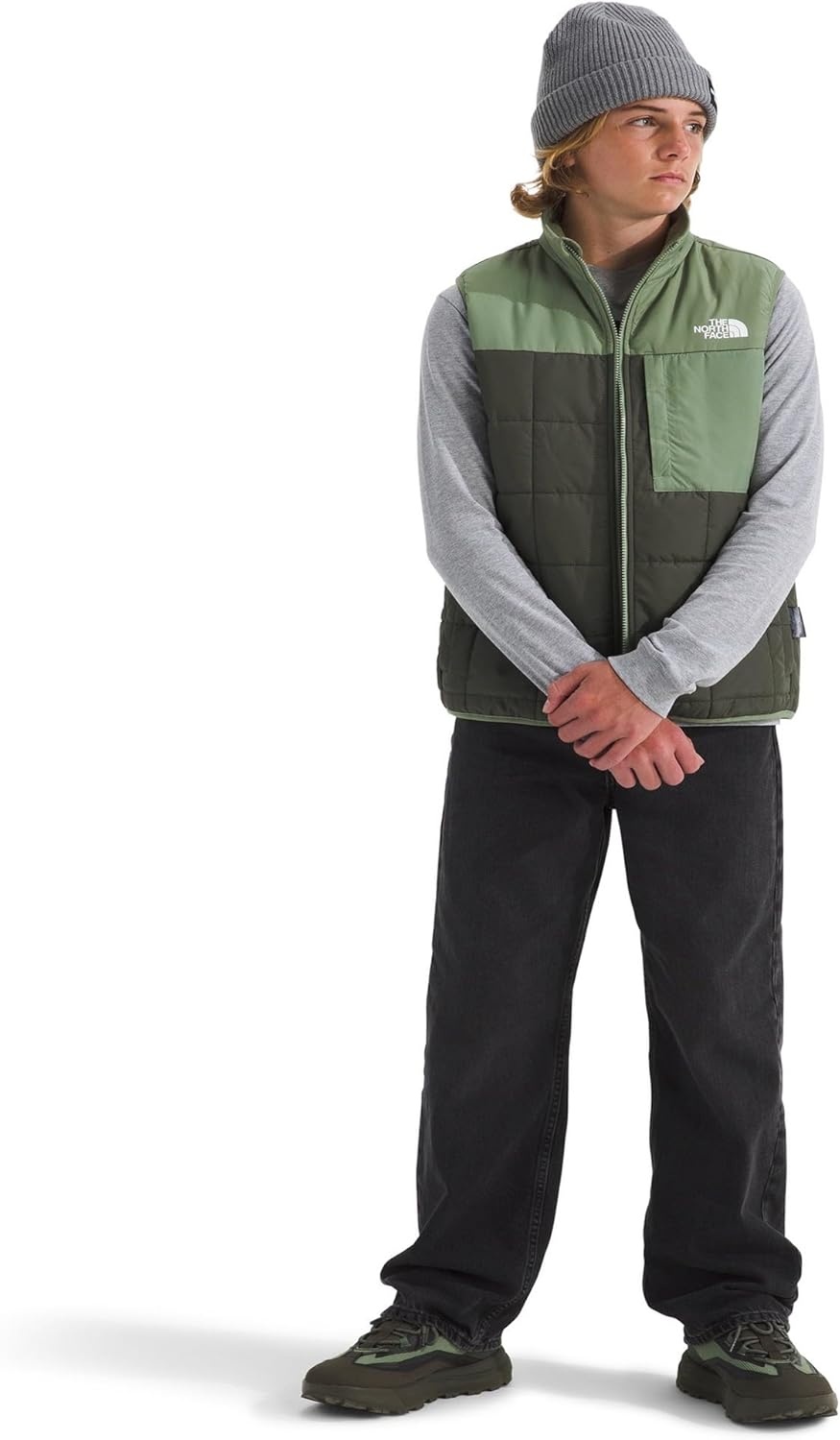 image:imageTHE NORTH FACE Boys Reversible Shasta Vest Midweight Puffer Vest With Synthetic Insulation Fleece Lining amp Water RepellentNew Taupe GreenBark Mist