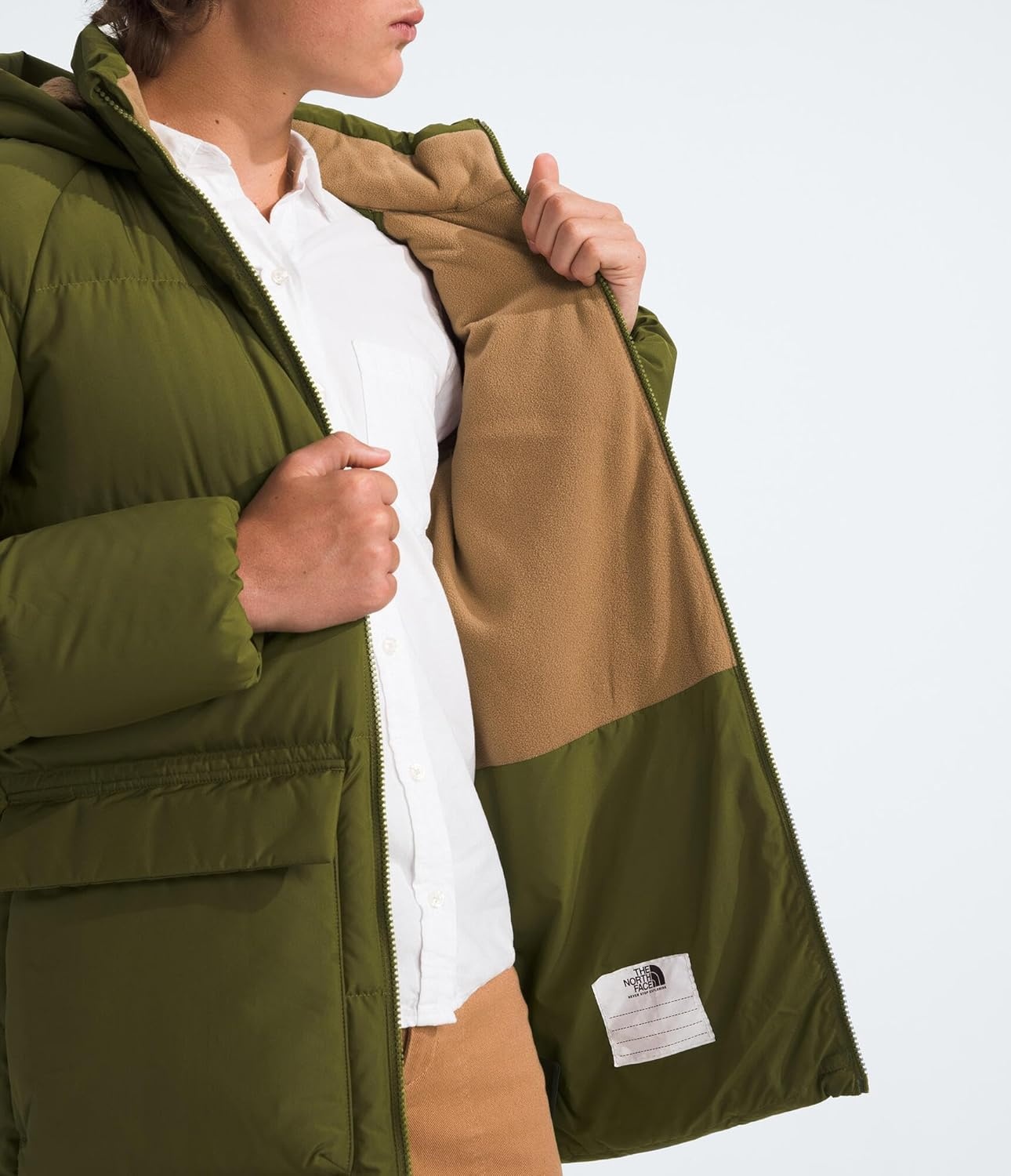 image:imageTHE NORTH FACE Kids North Down FleeceLined Short Parka 600 Fill Recycled Waterfowl Down Insulated Water RepellentForest Olive
