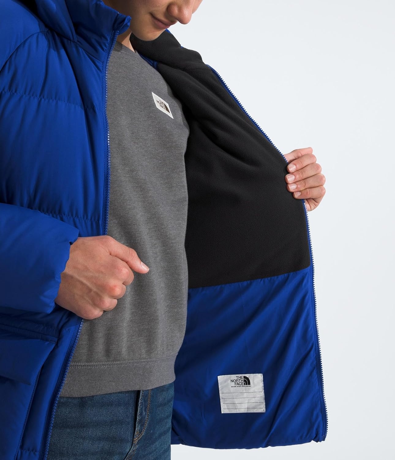 image:imageTHE NORTH FACE Kids North Down FleeceLined Short Parka 600 Fill Recycled Waterfowl Down Insulated Water RepellentTnf Blue