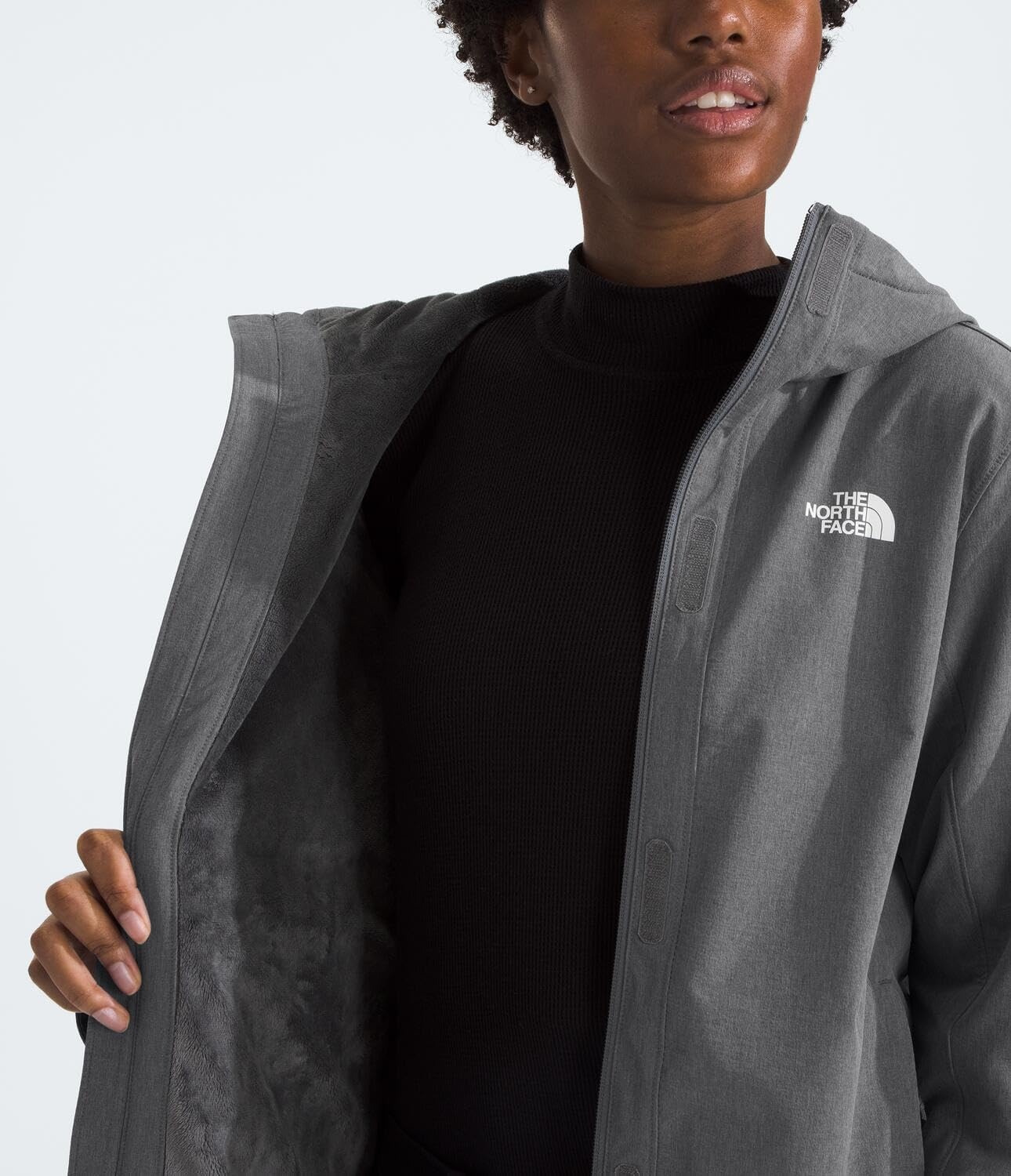 image:imageTHE NORTH FACE Womens Shelbe Raschel Hooded Parka Fleece Lining Attached Hood Zip Pockets Wind amp Water ResistantSmoked Pearl Heather