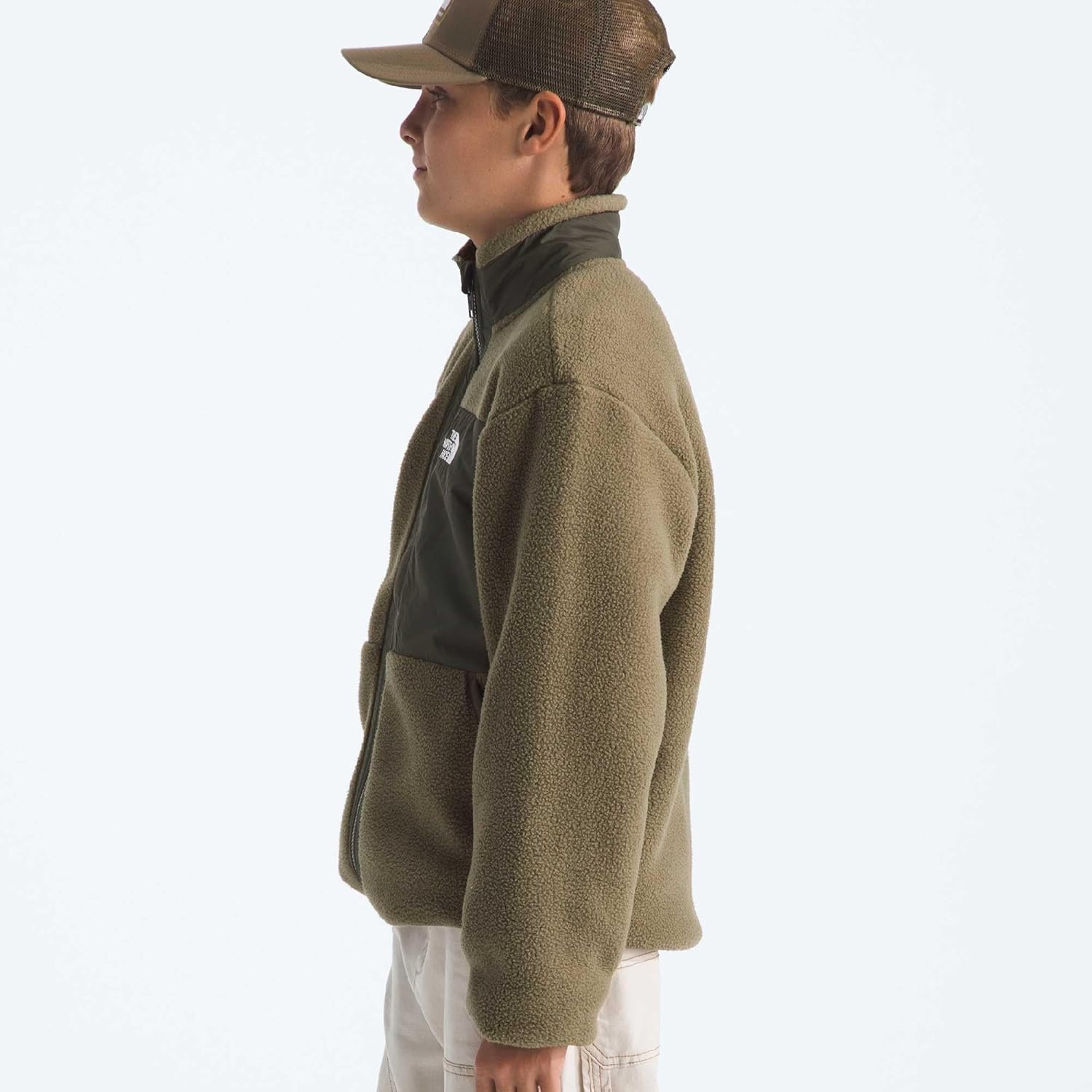 image:imageThe North Face Boys Yumiori Full Zip Jacket Lightweight Fleece Coat Embroidered Logo amp Secure Zip Chest PocketCedarNew Taupe Green