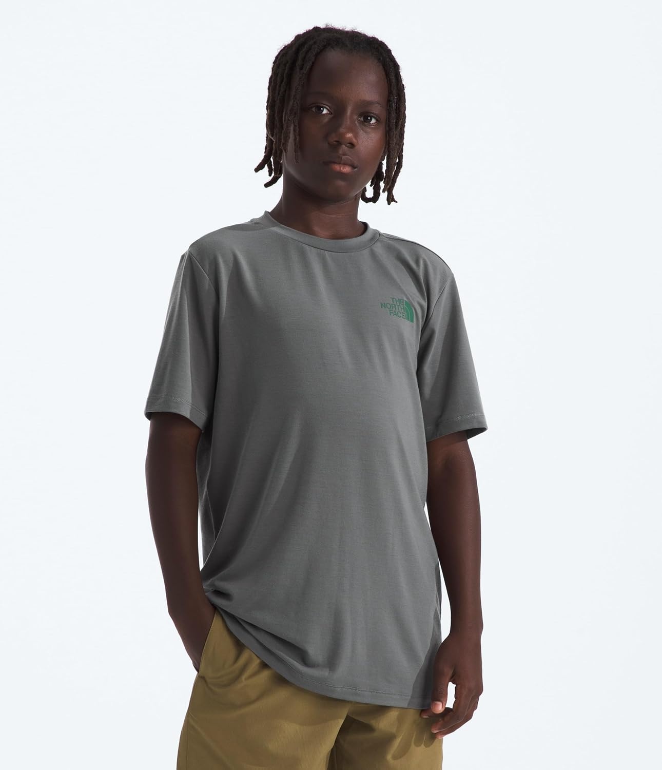 image:imageThe North Face Kids Adventure Sequoia Shade Short Sleeve Tee Moisture Wicking Lightweight amp Stretchy Set in SleevesSmoked Pearl
