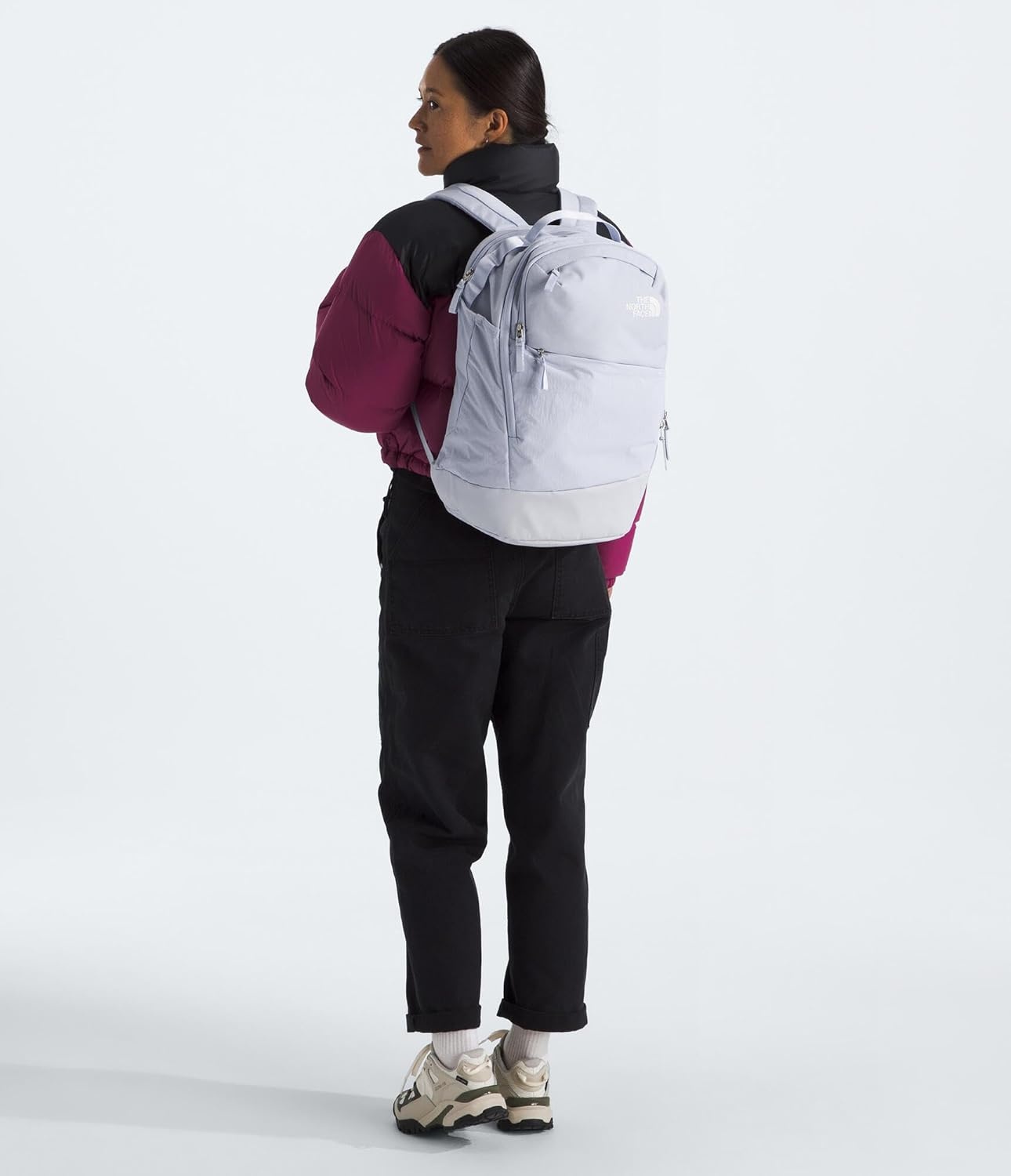 image:imageThe North Face Womens Isabella Transit Backpack Commuter Travel Bag with 16 Laptop Sleeve WaterRepellent Finish WomenSpecific Fit TNF Black Light HeatherBurnt Coral MetallicNPF One SizeMystic Haze Dark HeatherTnf White