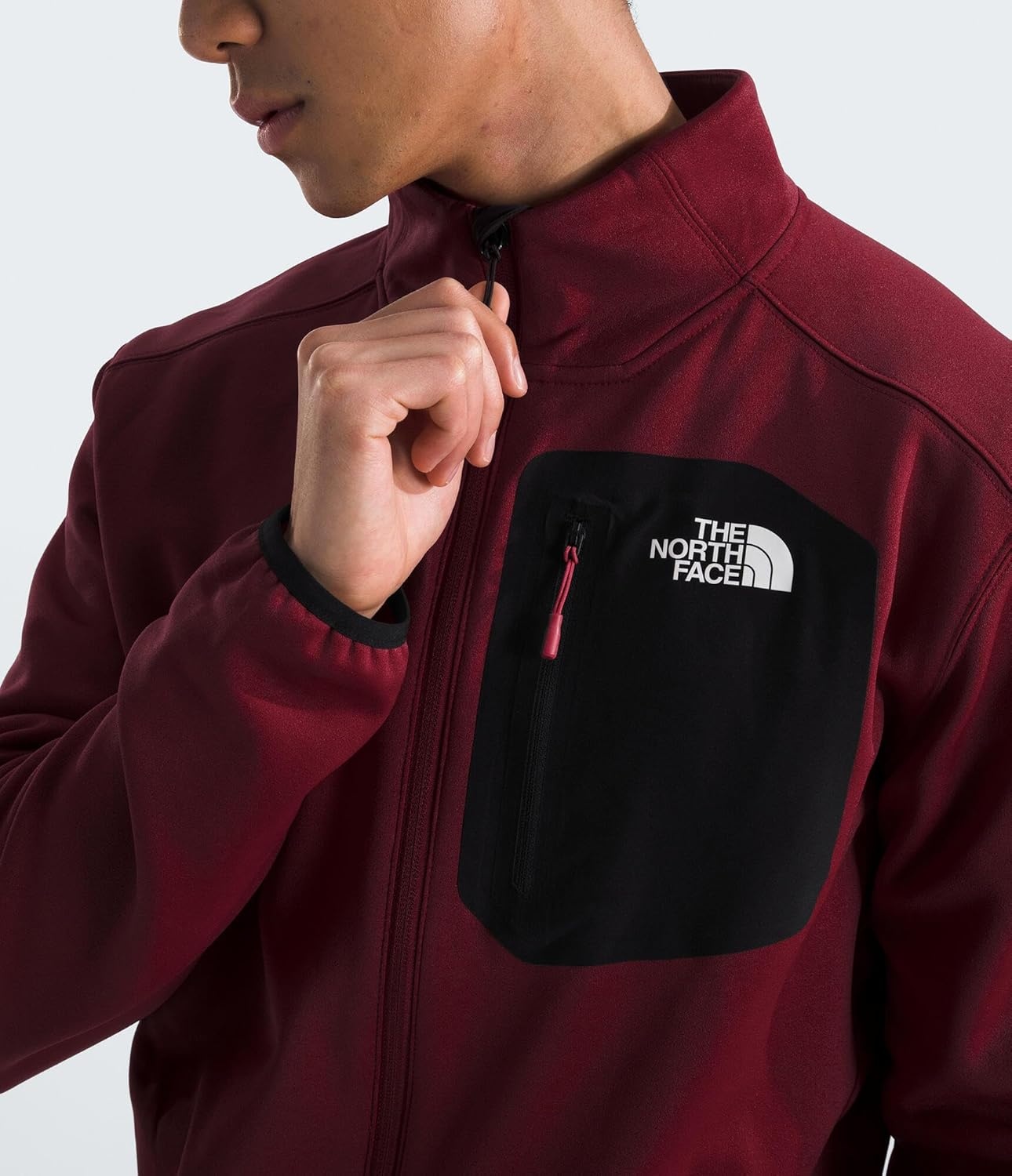 image:imageTHE NORTH FACE Mens Crest Full Zip Jacket Water Repellent Fleece Coat Double Layer Stand Collar amp Zip Hand PocketsGarnet RedTnf Black