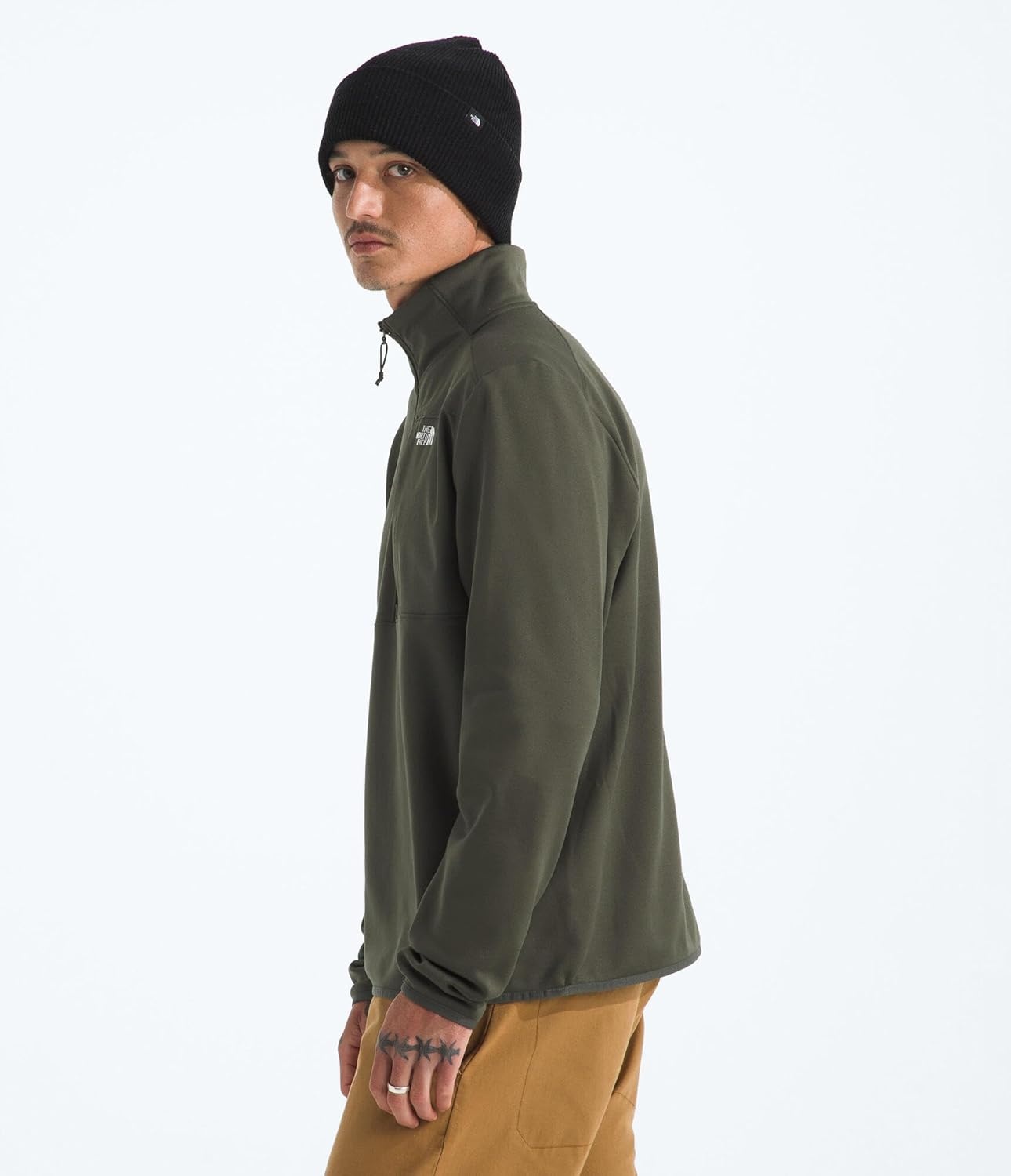 image:imageTHE NORTH FACE Mens TNF Performance Fleece 14 Zip Jacket Lightweight Pullover With Secure Zip Chest PocketNew Taupe Green