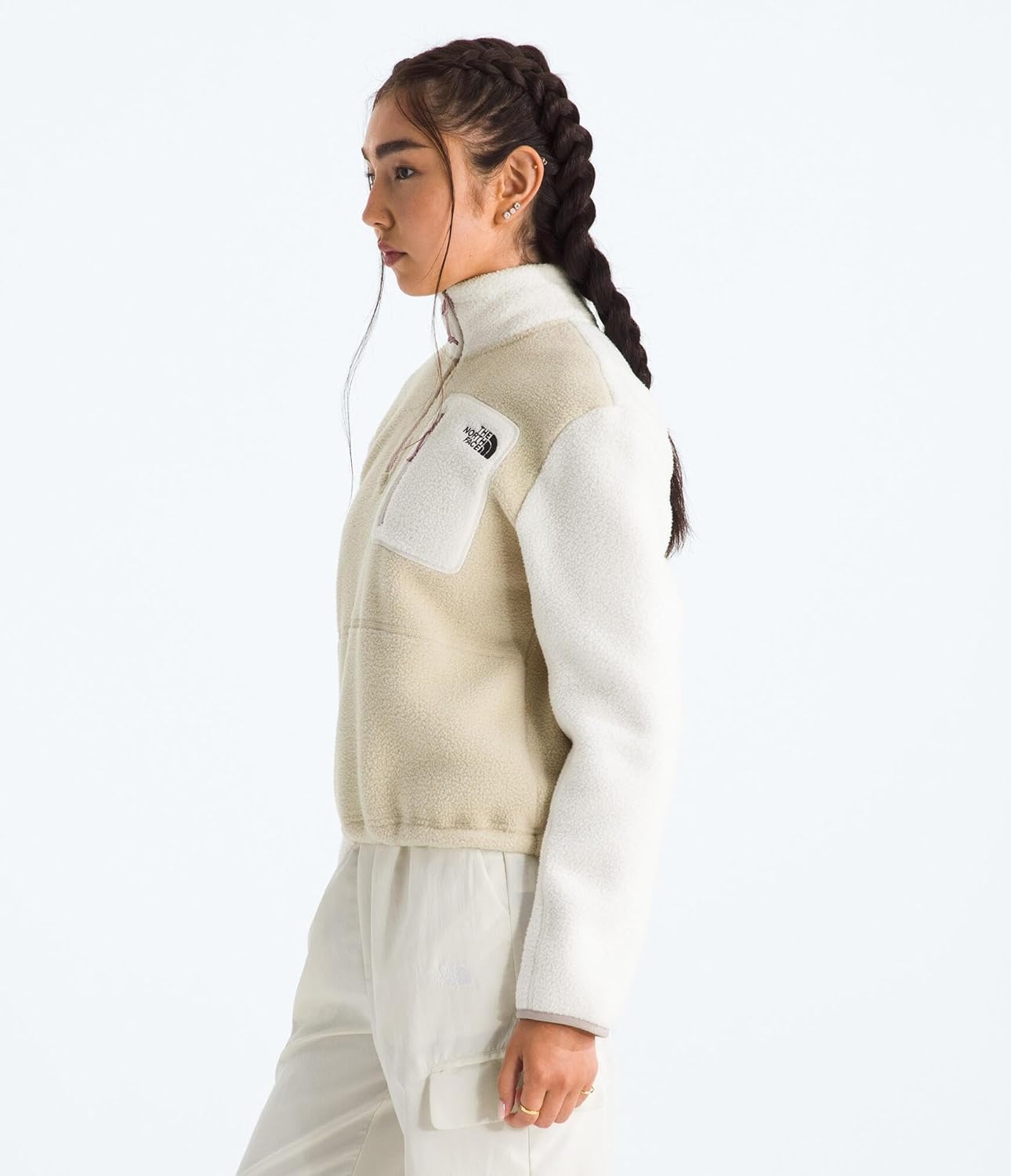 image:imageTHE NORTH FACE Womens Yumiori Quarter Zip Jacket Lightweight Fleece Coat With Embroidered Logo Secure Zip Chest PocketDesert StoneWhite DuneMetal Pink