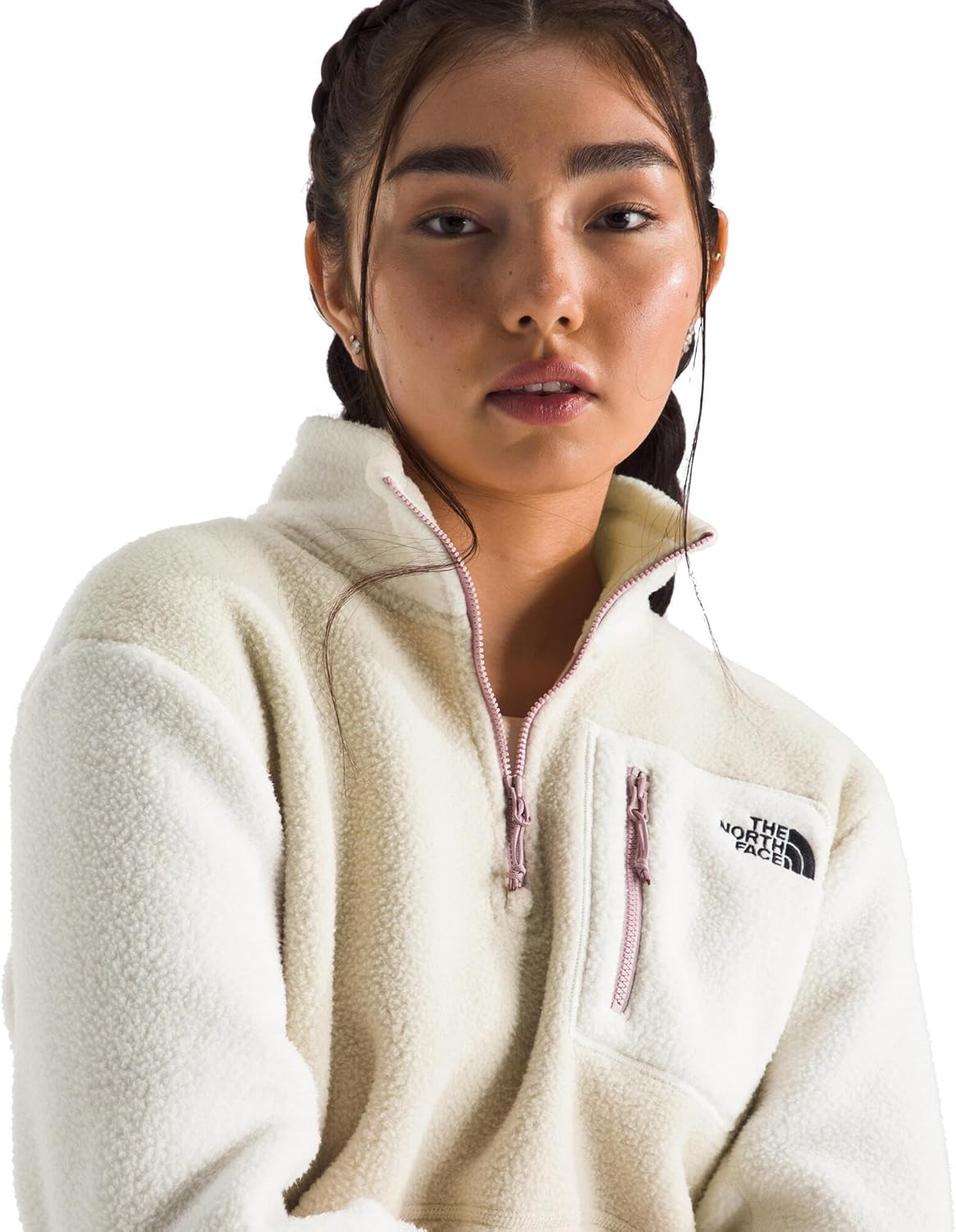 image:imageTHE NORTH FACE Womens Yumiori Quarter Zip Jacket Lightweight Fleece Coat With Embroidered Logo Secure Zip Chest PocketDesert StoneWhite DuneMetal Pink