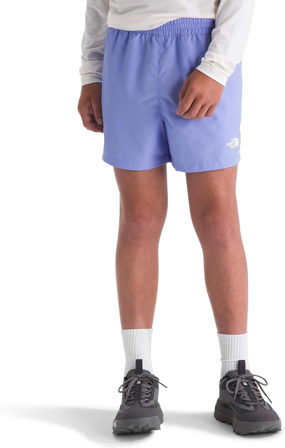image:imageThe North Face Kids Class V 3 Short Moisture Wicking Elastic Waistband Adjustable Drawcord ColorChanging DesignPeriwinkle Glow Logo Weather Topo Phantom Print