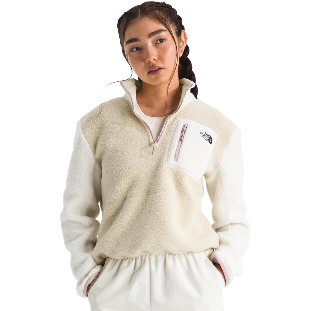 image:imageTHE NORTH FACE Womens Yumiori Quarter Zip Jacket Lightweight Fleece Coat With Embroidered Logo Secure Zip Chest PocketDesert StoneWhite DuneMetal Pink
